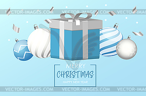 Gift box with white and blue christmas balls. New - vector clipart