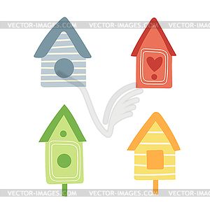 Wooden birdhouse, set of icons of house for birds - vector clipart