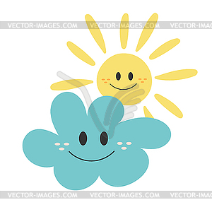 Sun Hugging Cloud. Happy smiling characters.  - vector clip art