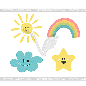 Cute collection with character cloud, rainbow, sun - vector image