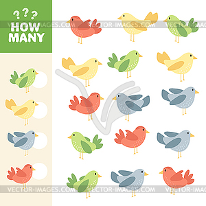 Math game for kids. How many colorful birds are - vector image