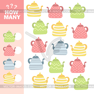 Counting game with cute kettles. Math activity for - vector clipart