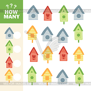 Counting game, how many Birdhouses. Educational - vector clipart