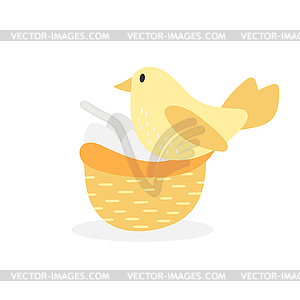 Cute bird with eggs in nest . Happy little bird, - vector image