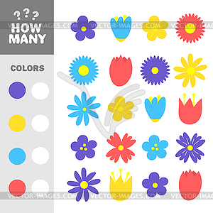 Educational maths game for children. How many flowe - vector clipart