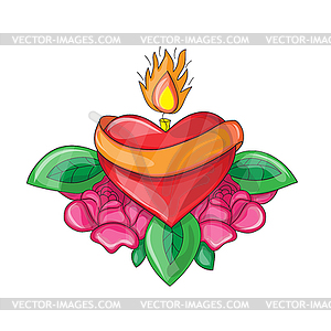 Red heart with burning candle. . Fire of love - stock vector clipart