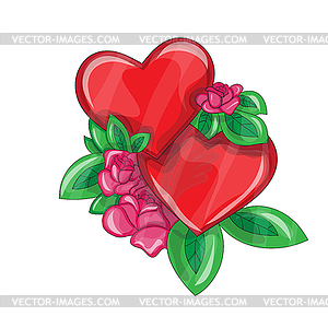 With two cartoon hearts and roses. heart on white - vector clipart