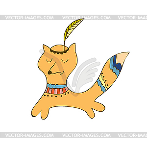 Cartoon lovely stylized fox with Indian headdress - vector image
