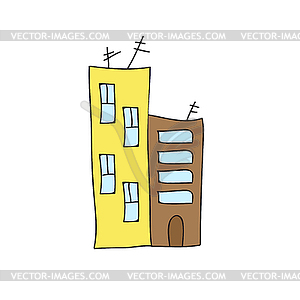Многоэтажное здание. Простой мультяшный городской пейзаж - векторизованное изображение клипарта