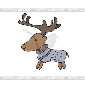 Cute winter deer in cozy sweater. Doodle . Winter - vector clipart