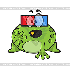 Cute frog eating popcorn and watch movie in 3d - color vector clipart