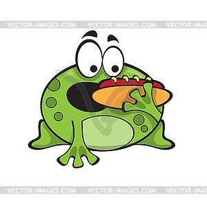 Cute green frog with hot dog, cartoon character - vector image