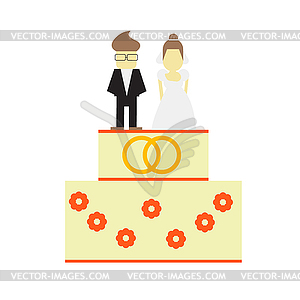 Wedding cake with decoration and bride and groom - vector clip art