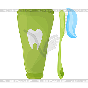 Of toothbrush and toothpaste in green colors - vector image