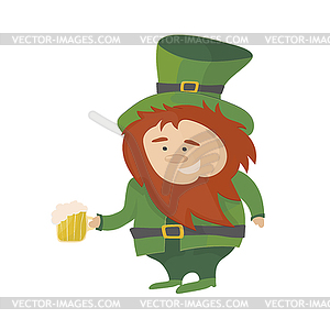Ирландский лепрекон в зеленом костюме и шляпе с пивом. - клипарт в формате EPS