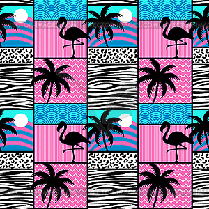 Seamless pattern with flamingos and palms. Exotic - vector clipart