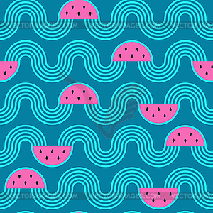 Бесшовный узор с волнами ломтиков арбуза - векторная иллюстрация