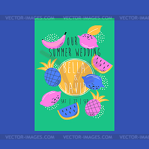 Приглашение на свадьбу с фруктами. Поздравительная открытка с датой - векторный клипарт / векторное изображение