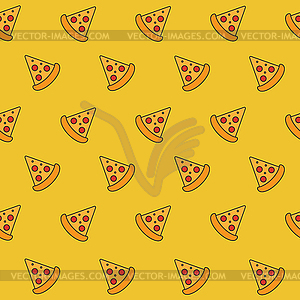 Seamless pattern with pizza slice icons on yellow - vector clip art