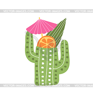 Tiki cocktail in green cactus glass. Citrus bar - vector clipart