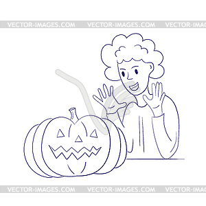 Girl rejoices at pumpkin. Coloring book in modern - vector clip art