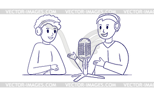 Two boys record podcast, online radio show. Colorin - vector clipart