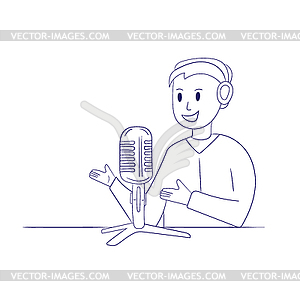 Happy podcaster man character talking with audience - vector clipart