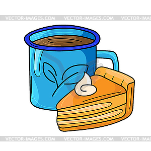 Горячий чай в чашке и тыквенный пирог. Мультяшный - изображение в формате EPS