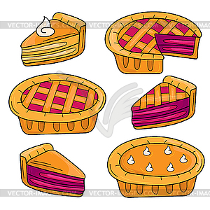 Set of pie - cartoon style . Berry and pumpkin pies - vector clip art