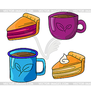 Набор для чая в чашках и пирогов. Мультяшный - векторное изображение