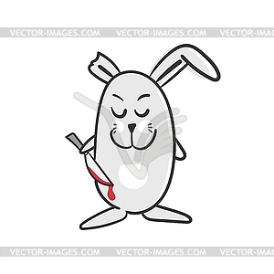 Cute cartoon rabbit with knife and bitten off ear. - vector image