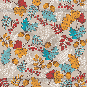 Seamless pattern autumn elements. Leaves, rowan, - vector clip art