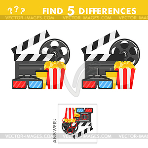 Kids game find differences. Cinema set in flat - vector image