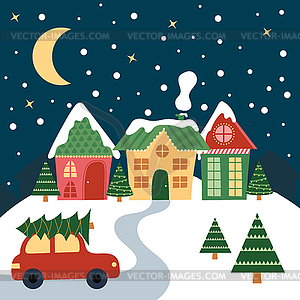 Christmas Houses with car, trees, snow and stars - vector clipart