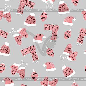 Christmas pattern with mittens, hats, scarf. New - vector clipart