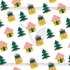 Seamless pattern with winter houses, trees and - vector clipart