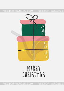 Gift boxes set and Merry Christmas text, doodle - royalty-free vector image