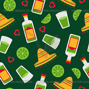 Mexican seamless pattern with tequila bottle, - vector clipart