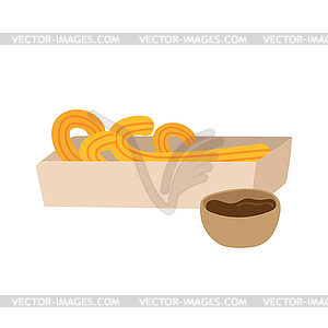 Sweet homemade churros with chocolate dipping sauce - vector clip art