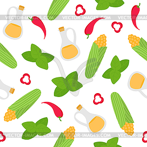 Corn, pepper, basil, oil. Ingredients for Mexican - vector image