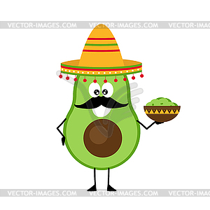 Cheerful cartoon avocado in sombrero and with - vector image