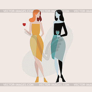 Two beautiful women friends drinking wine. Girls - vector clip art