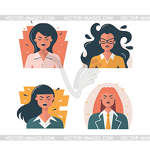 Angry woman faces set. flat character, negative - stock vector clipart