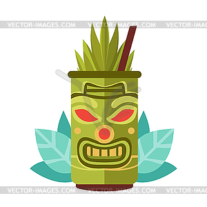 Tiki exotic cocktail in mug with Tiki mask. Hawaiia - vector image