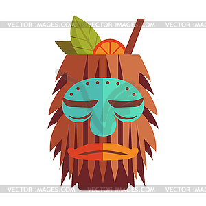 Tiki exotic cocktail in mug with Tiki mask. Hawaiia - vector clipart