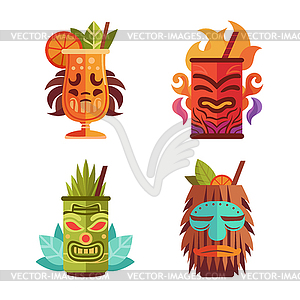 Tiki Bar set with cocktails in mug with Tiki mask. - vector clip art