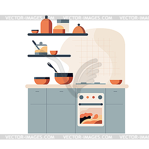 Simple kitchen interior. Cartoon cookware and - vector clip art