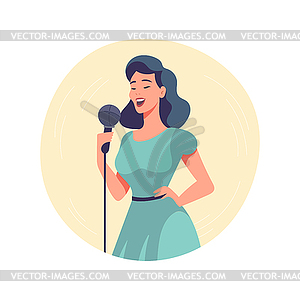 Happy woman singer, rock or pop vocalist wearing - vector image