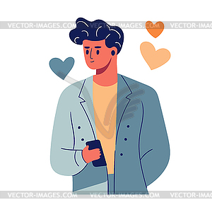 Man uses phone dating app. Find love online concept - vector image