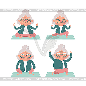 Elderly lady is doing stretching, fitness, yoga set - vector clipart